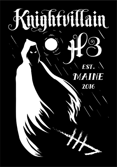 Knightvillain H3 logo: a hooded figure under the moon, Est. Maine 2016